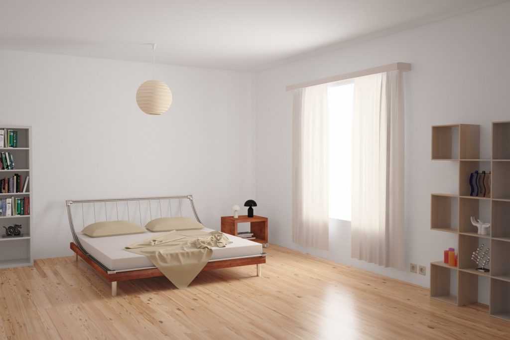 Phòng ngủ tối giản nổi bật với sàn gỗ