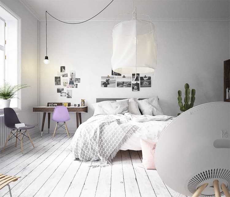 Phòng ngủ phong cách tối giản với sàn gỗ tone màu trắng