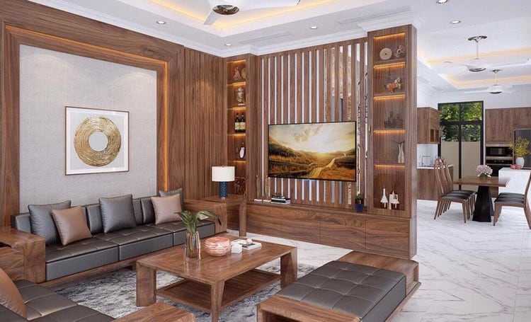 Top 36 các mẫu phòng khách ốp gỗ đẹp sang trọng nhất giá tốt