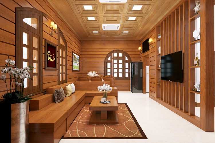 Mẫu trang trí phòng khách bằng gỗ Gõ Đỏ tự nhiên
