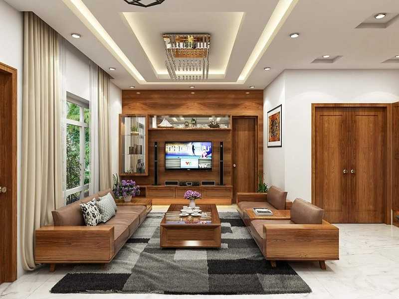 Mẫu trang trí phòng khách bằng gỗ Xoan Đào tự nhiên