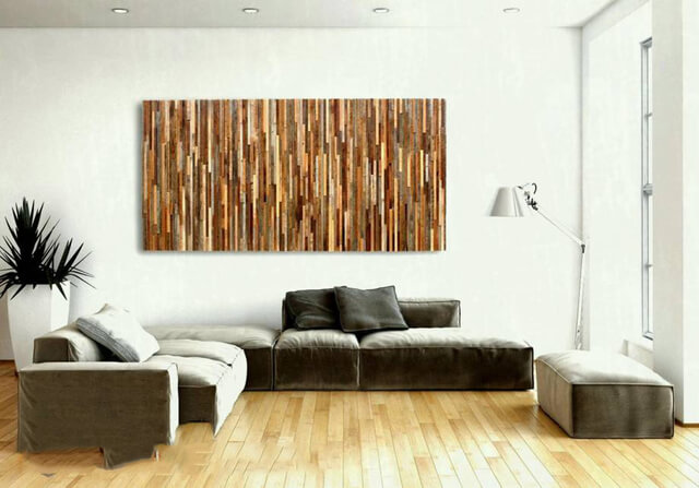 Ốp gỗ tường phòng khách theo hình thức tranh vẽ nghệ thuật