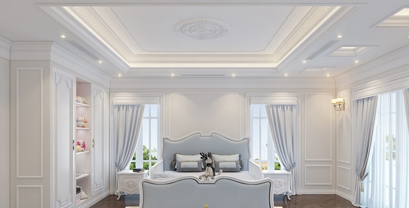 Trần thạch cao giật cấp phòng ngủ vợ chồng trẻ được thiết kế ấn tượng tinh tế với tông màu trắng nhẹ nhàng